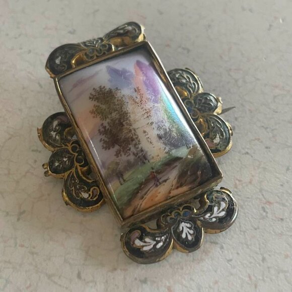 Victorian Hand Painted French Champleve Impressionist Porcelain Brooch c.1880 - Picture 1 of 12